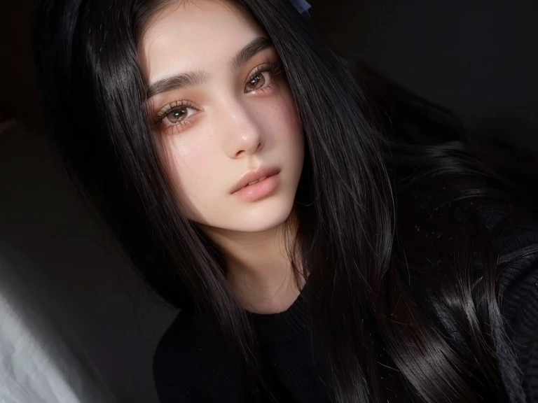arafa woman with long black hair and a black sweater, 18 years old, 1 , no-makeup, violet myers, fair skinned Persian girl, profile picture with headshot, de 19yearsold, she is about 1 6 years old19yearsold, lindo rosto delicado, selfie of a young woman, 19yearsold