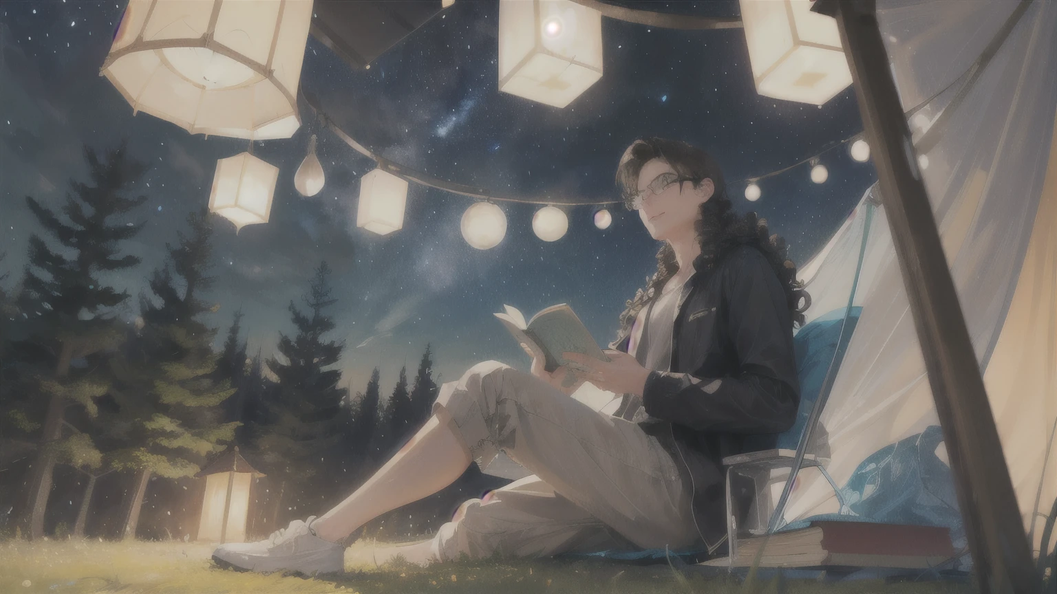 A young man is sitting on the grass and reading a book, Long black curly hair, Wear glasses, A delicate smile, Light brown eyes, Look up at the sky, Lamp light, whole body, Under the big tree, Vision, Tent in the background, Starry Sky, Illuminated night, Photo Effects, 8k, Very detailed, Ultra-realistic.