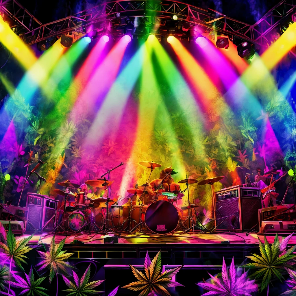 A marijuana leaf in the center of a stage with smoke surrounding it and with guitars and musical effects around it with a psychedelic background 