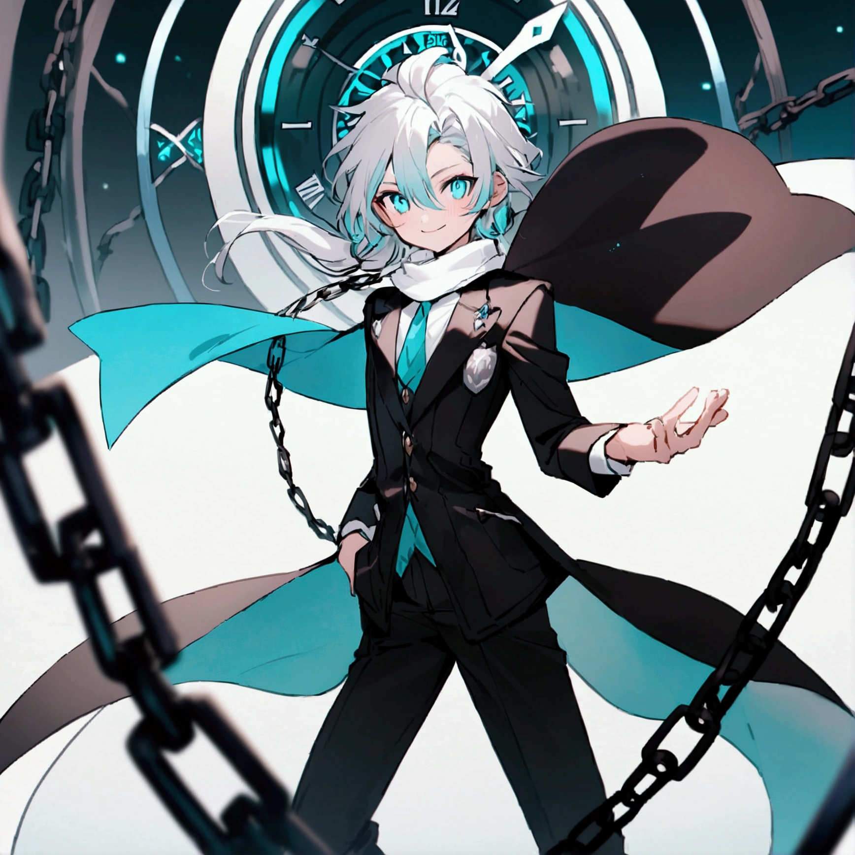 1 man with long white hair and hair tied back, wearing a black overcoat covering his white shirt with a cyan tie and black dress pants with pockets and chains while wearing a white scarf with a tall white background with a smile and a clock showing 12 hours and 28 Roman minutes in black and white and conjuring a magic in the form of a cyan colored temporal clock with his hair looking like Meliodas with a male face