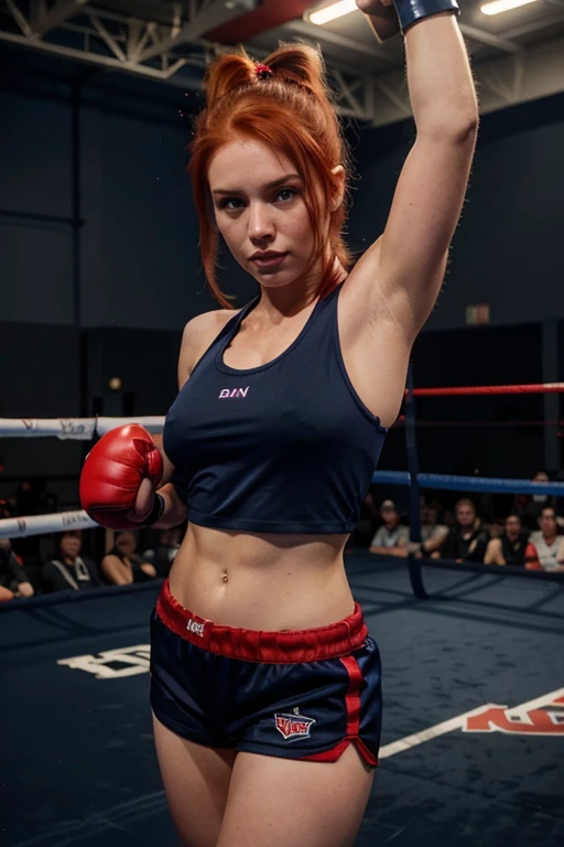 American girl with red hair wearing navy blue suplex shorts, navy blue tank top and red boxing gloves posing as a winner in a fighting arena