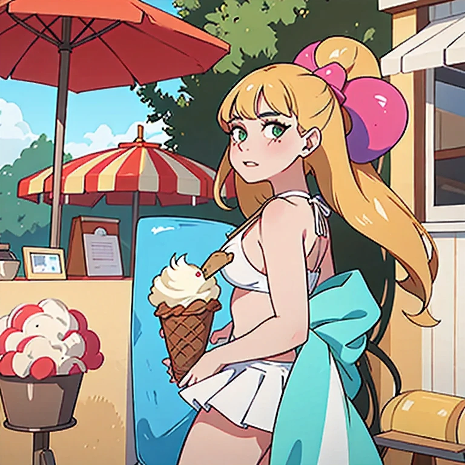 girl in a bikini eating an ice cream cone, eating ice cream, in a bikini, angela white, giorgia meloni, katy perry, in bikini, eating ice - cream, wearing spandex bikini, ice cream on the side, bikini, ice cream, wearing a bikini, candid photo of dirty, shiny plastic bikini, candid shot, cone, 1 girl, solo，in a green dress standing by a wall,portrait of female idol