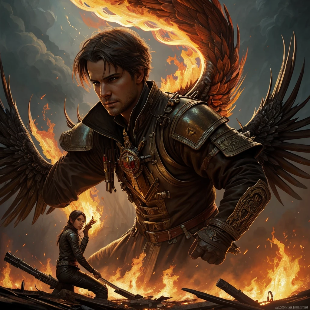 A portrait of a handsome of sks person, post apocalyptic winged firemancer, intricate, elegant, highly detailed, digital painting, artstation, concept art, smooth, sharp focus, illustration, art by Krenz Cushart and Artem Demura and alphonse mucha, ((fire in hands))
