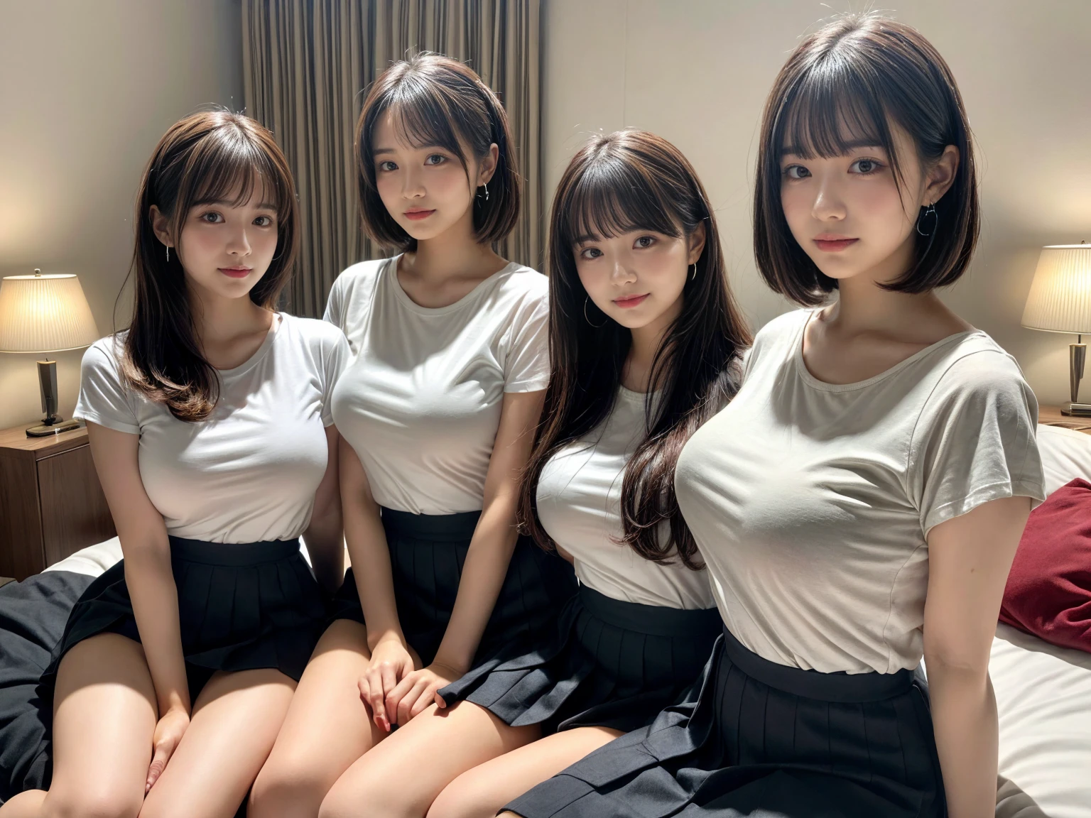 masterpiece, best quality, illustration, Super detailed, fine details, High resolution, 8K,wall paper, perfect dynamic composition,(Details High quality, realistic depiction of eyes:1.3), (3 girls),earrings, (white t-shirt), (black pleated skirt), sitting, open legs, short bob hair, in a hotel room in the background, deep on field, large breasts, black hair color, Big Natural Color Lip, (perfect body shape), crying a little、little smile, Harajuku style、20 year old girl、cute type、beautiful legs, Gravure Idol