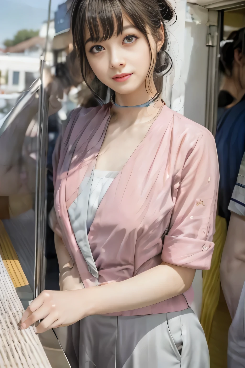 (masterpiece:1.2, Highest quality:1.2), 32k HDR, High resolution, (alone、1 girl)、(On the roof of a building in the daytime、Professional Lighting)、Building rooftop background、(Nankai train crew uniform pinkを着たリアルスタイル)、(Nankai Railway crew uniform, pink, short sleeve, collarless, pink jacket、No-collar short-sleeve blouse、Grey knee-length culottes)、((The bottom of the pink short-sleeved jacket cannot be tucked into the clay-colored culottes..))、Dark brown hair、(Hair tied up、Chignon)、Dark brown hair、Long Shot、Big Breasts、Thin legs、((Great hands:2.0)),((Harmonious body proportions:1.5)),((Normal limbs:2.0)),((Normal finger:2.0)),((Delicate eyes:2.0)),((Normal eyes:2.0)))、smile、(A beautiful figure showing off the Nankai Railway crew uniform)、Bring your hands down