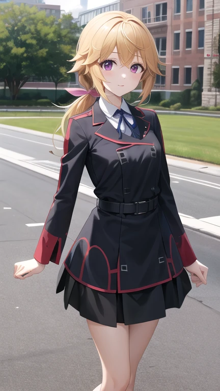masterpiece, best quality, highres, sd1, charlotte dunois, ponytail, , skirt, hair ribbon, belt, long sleeves, cowboy shot, standing, outdoors, building,