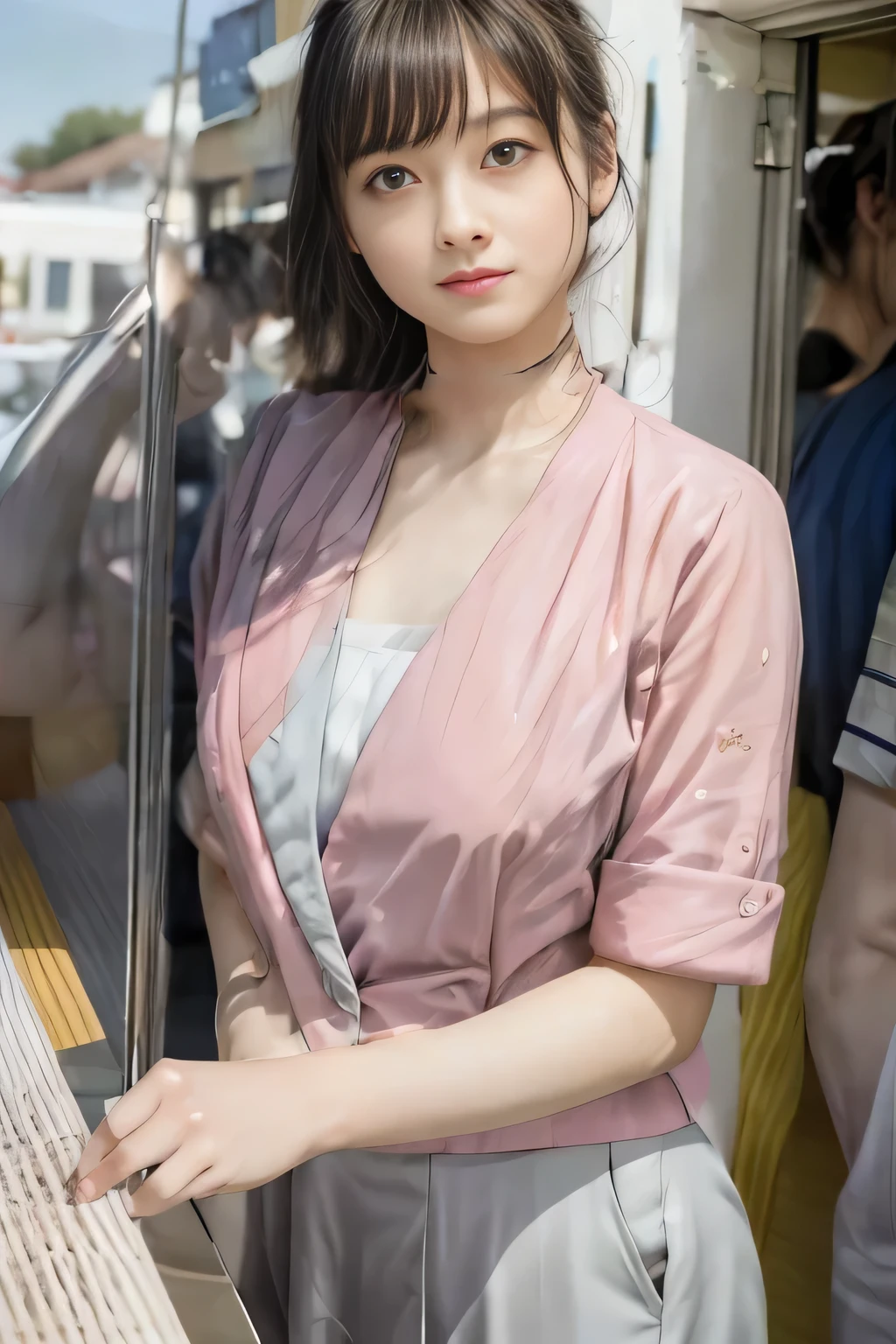 (masterpiece:1.2, Highest quality:1.2), 32k HDR, High resolution, (alone、1 girl)、(On the roof of a building in the daytime、Professional Lighting)、Building rooftop background、(Nankai train crew uniform pinkを着たリアルスタイル)、(Nankai Railway crew uniform, pink, short sleeve, collarless, pink jacket、No-collar short-sleeve blouse、Grey knee-length culottes)、((The bottom of the pink short-sleeved jacket cannot be tucked into the clay-colored culottes..))、Dark brown hair、(Hair tied up、Chignon)、Dark brown hair、Long Shot、Big Breasts、Thin legs、((Great hands:2.0)),((Harmonious body proportions:1.5)),((Normal limbs:2.0)),((Normal finger:2.0)),((Delicate eyes:2.0)),((Normal eyes:2.0)))、smile、(A beautiful figure showing off the Nankai Railway crew uniform)、Bring your hands down