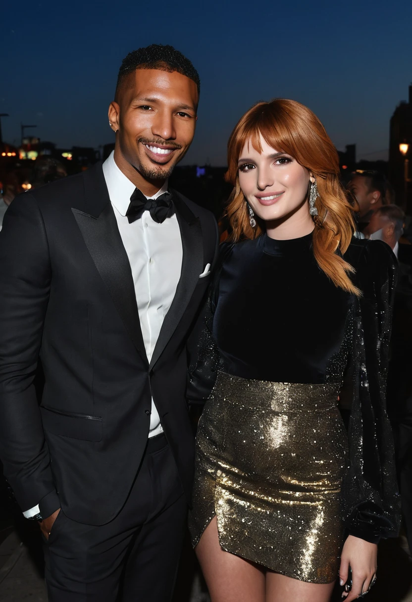 Bella Thorne and a handsome African American male whose facial features are a combo of Charles Michael Davis + Jesse T. Usher enjoy an evening stroll. Both are smiling. Both are dressed attractively for a night on the town. Bella wears a sparkly black dress. Bella has lovely makeup on her face. Nighttime. Romantic ambiance. Symmetrical eyes. Symmetrical faces. Lovely details. Photorealistic. Full-colored photo. Professional photo. Highly detailed 8K.