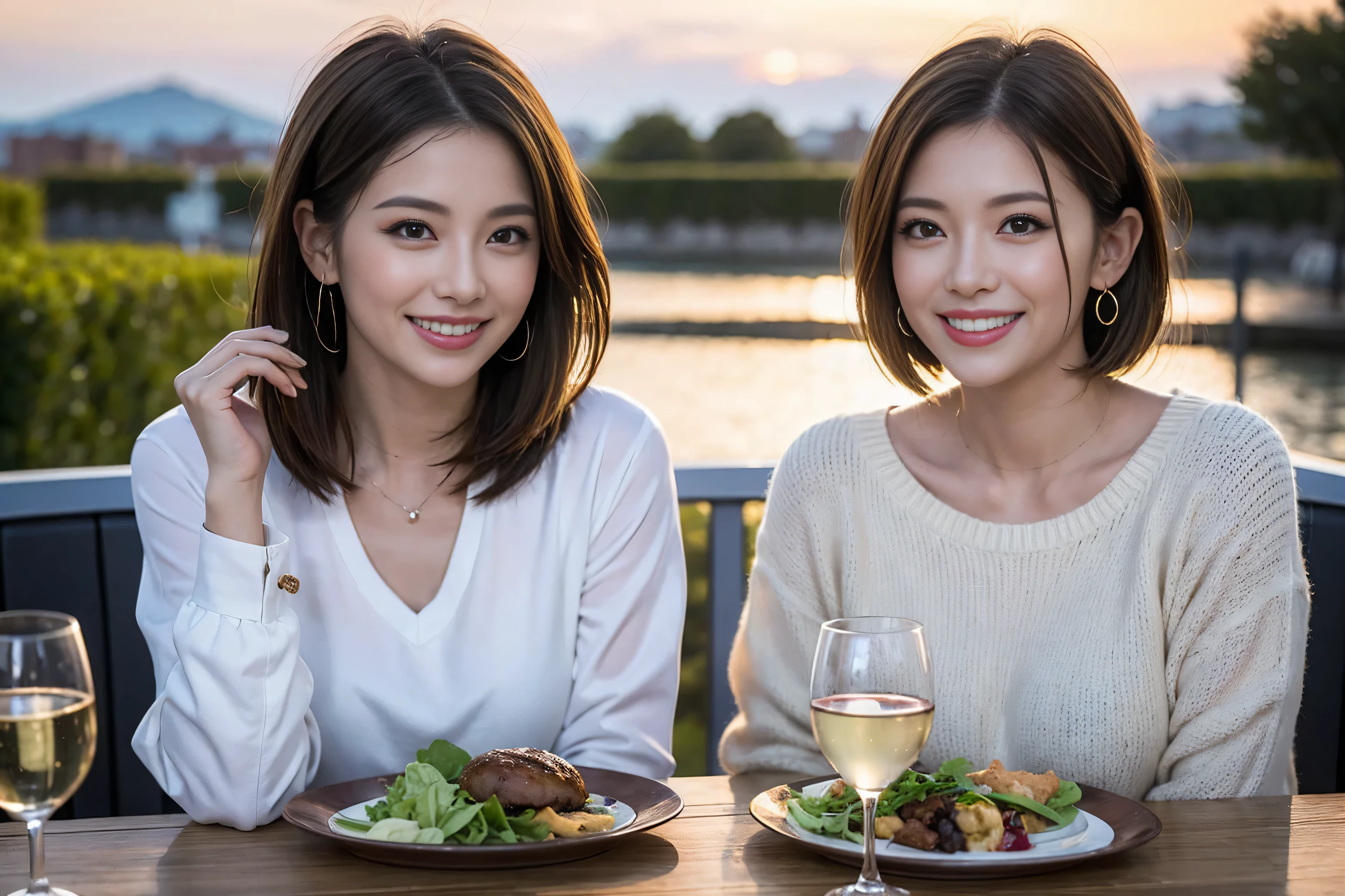 (Realistic:1.1),(masterpiece,Highest quality),8k,(49 years old), 53 years old, ベリーslimボディ、slimカップル、Tight waist,Upper Body,full-course dinner、wine 、Amazing view of the sunset sky and clouds、Perfect Anatomy, Brown Hair, short hair,Random Hairstyles,((Highly detailed face and eyes:1.2)),Perfect golden ratio face,Long sleeve shirt、dress,(smile:1.2)、Shortcuts、cute、(Realistic, Intricate details:1.2), A bright smile、short hair,Bright Face、赤wine 、Appetizers、Italian food、wine bottle、Champagne、スパークリングwine、(slimな顔), (The body is slim), (Brown Hair), (Shortcuts), Upper Body, 白wine, slim, wineグラス,