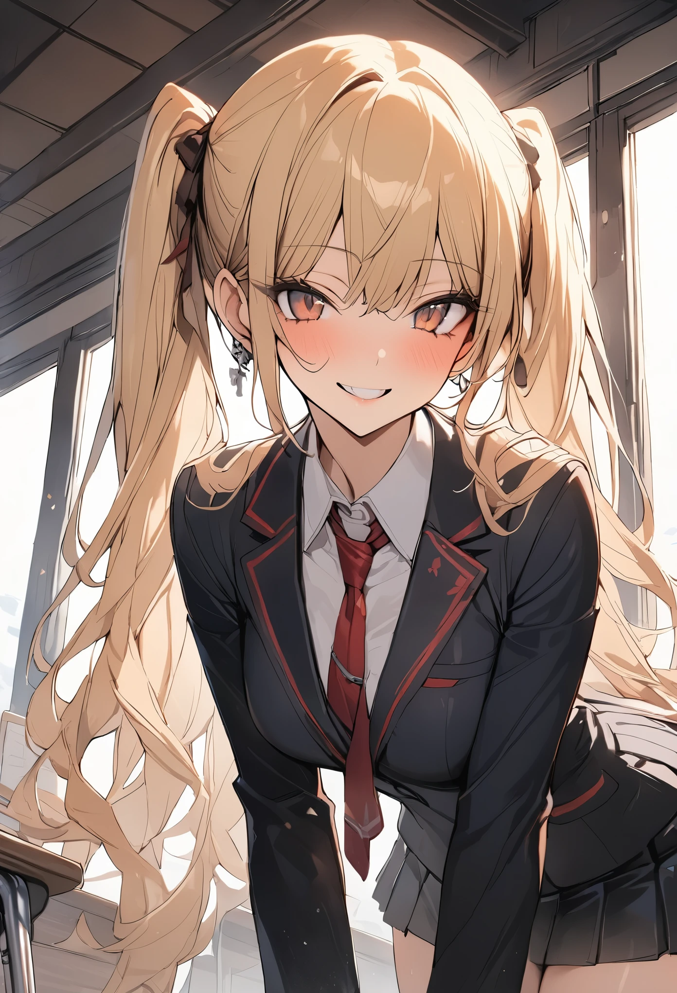 ((masterpiece,best quality anime,Highest quality:1.3)),cowboy shot,Mature Beauty,独奏,1woman,((very small head:1.3)),((ideal ratio body proportions:1.2)),blonde hair,high twin tails,straight long hair,bangs,gorgeous eyes,brown eyes,smile,(Academy制服、Black blazer jacket、Red tie、Black pleated mini skirt),black_thighhighs,((slender body,skinny)),medium breasts,gleaming skin,shiny skin,classroom、Academy、Modern fantasy world、