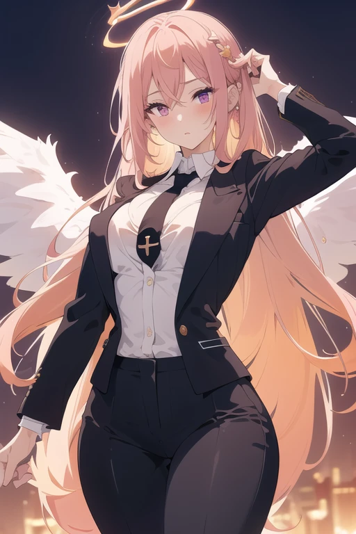 beautiful young woman, lithe physique, long messy peach colored hair, magenta eyes, halo, crown, white shirt, black tie, black jacket, black pants, suit and tie, small breasts, large ass, thighs, highly detailed, 8k, photorealistic, dramatic lighting, cinematic, elegant, fashion portrait, angel, angelic, wings,