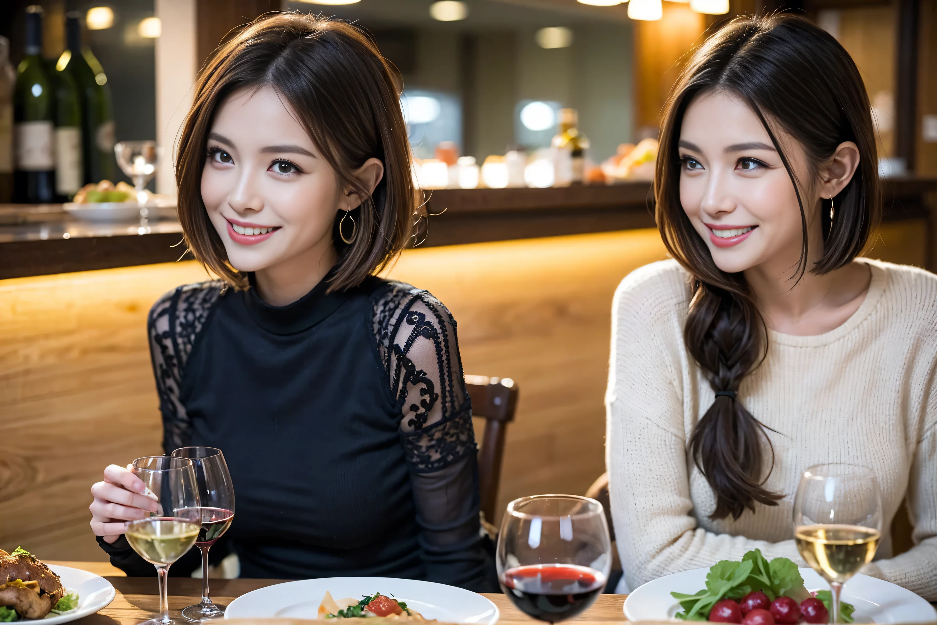 （Realistic:1.1）,(masterpiece,Highest quality)，8k,(49 years old), 53 years old, ベリーslimボディ、slimカップル、Tight waist,Upper Body,full-course dinner、wine 、Amazing view of the sunset sky and clouds、Perfect Anatomy, Brown Hair, short hair,Random Hairstyles,((Highly detailed face and eyes:1.2))，Perfect golden ratio face，Long sleeve shirt、dress,(smile:1.2)、Shortcuts、cute、(Realistic, Intricate details:1.2), A bright smile、short hair,Bright Face、赤wine 、Appetizers、Italian food、wine bottle、Champagne、スパークリングwine、(slimな顔), (The body is slim), (Brown Hair), (Shortcuts),  Upper Body, 白wine, slim, wineグラス, 