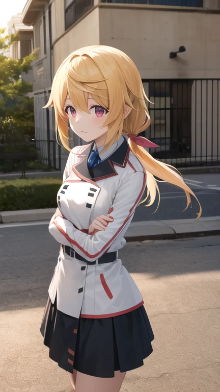 masterpiece, best quality, highres, sd1, charlotte dunois, ponytail, , skirt, hair ribbon, belt, long sleeves, cowboy shot, standing, outdoors, building,