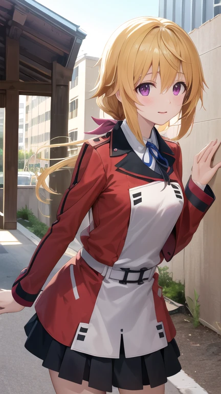 masterpiece, best quality, highres, sd1, charlotte dunois, ponytail, , skirt, hair ribbon, belt, long sleeves, cowboy shot, standing, outdoors, building,