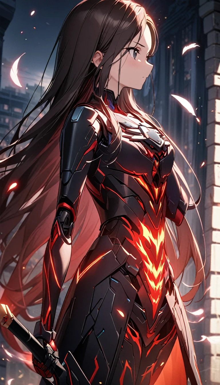 最high quality、Best image quality、masterpiece、With a girl((Blue and red mechanical body armor、Metallic red mechanical arm、Metallic blue legs、arm、Shining red body line、、Ten generations、cute、Best Bust、Large bast,Beautiful, shining black eyes、Spread your chest wide, Brown Hair、black mechanical wings,Long Hair、Slender,Big Valley、Militant Movement,Has a black sword)),high quality、Beautiful art、background((Midnight City、Pillar of Fire、Fluttering white feather stay pieces、Depth of written boundary,Cinematic