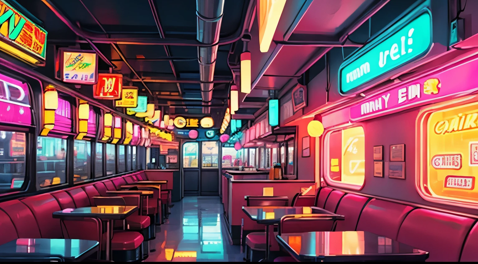 A diner with a predominantly white theme and flashy neon lights Pastel and vivid colored paints are scattered randomly.