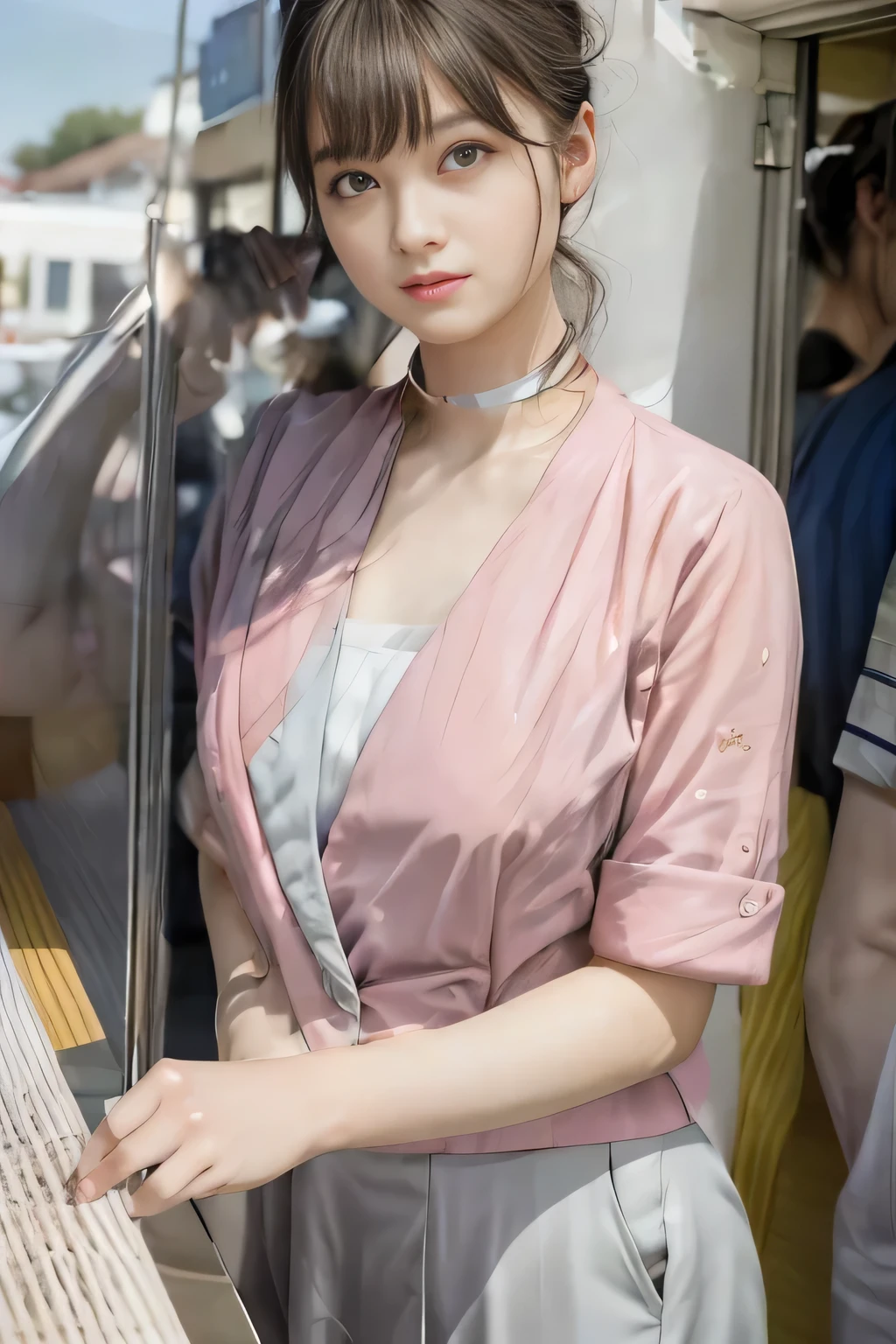(masterpiece:1.2, Highest quality:1.2), 32k HDR, High resolution, (alone、1 girl)、（On the roof of a building in the daytime、Professional Lighting）、Building rooftop background、（Nankai train crew uniform pinkを着たリアルスタイル）、（Nankai Railway crew uniform, pink, short sleeve, collarless, pink jacket、No-collar short-sleeve blouse、Grey knee-length culottes）、（（The bottom of the pink short-sleeved jacket cannot be tucked into the clay-colored culottes..））、Dark brown hair、（Hair tied up、Chignon）、Dark brown hair、Long Shot、Big Breasts、Thin legs、（（Great hands：2.0）），（（Harmonious body proportions：1.5）），（（Normal limbs：2.0）），（（Normal finger：2.0）），（（Delicate eyes：2.0）），（（Normal eyes：2.0））)、smile、（A beautiful figure showing off the Nankai Railway crew uniform）、Bring your hands down
