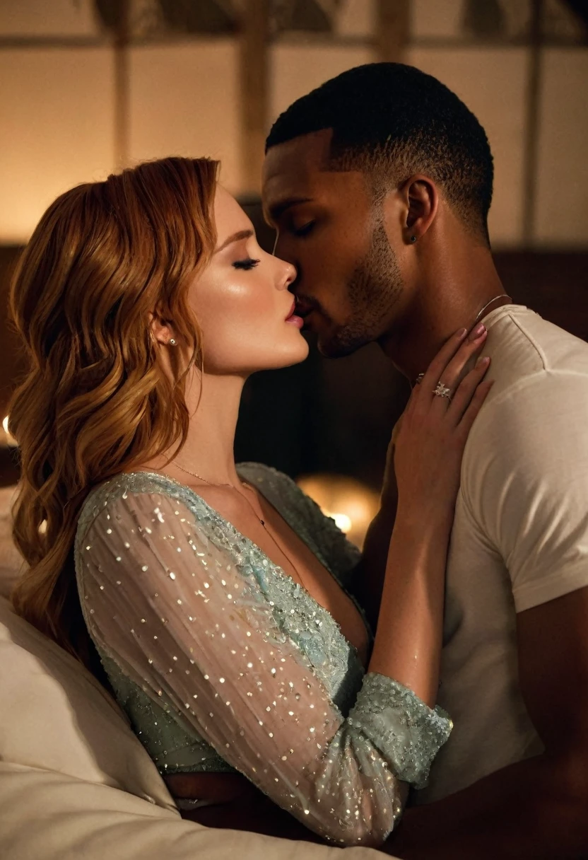 Bella Thorne and a handsome African American male whose facial features are a combo of Charles Michael Davis + Jesse T. Usher share a steamy kiss inside a bedroom lit only by candlelight. Bella has lovely makeup on her face. Nighttime. Romantic ambiance. Symmetrical eyes. Symmetrical faces. Lovely details. Photorealistic. Full-colored photo. Professional photo. Highly detailed 8K.