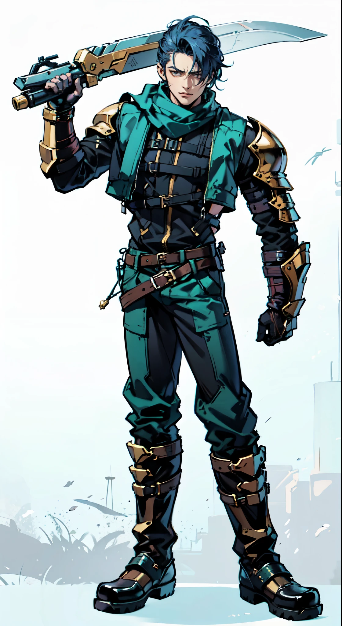 (masterpiece:1.2, best quality:1.2, extremely delicate:1.2), ((male:1.5)), a young man with short blue-purple hair, side-swept bangs covering one eye, a confident expression, a scar on the bridge of his nose, a slight smile on his lips, a dark green scarf around his neck, a fantasy-reality style rogue outfit, an open dark short vest, a layered futuristic tight armor underneath that emits a silver-blue glow, small fitted shoulder armor, matching arm guards and shin guards, a two-piece leather belt at his waist, layered canvas trousers, tall boots, he holds a serrated blade horizontally behind him with his raised right hand, standing imposingly on a windy and sandy hillside, this character embodies a finely crafted fantasy-reality-style rogue in anime style, exquisite and mature manga art style, dramatic, high definition, highres, ultra-detailed, ultra-fine painting, professional, perfect body proportions, golden ratio, anatomically correct, symmetrical face, extremely detailed eyes and face, high quality eyes, creativity, RAW photo, UHD, 32k, Natural light, cinematic lighting, (masterpiece-anatomy-perfect:1.2)
