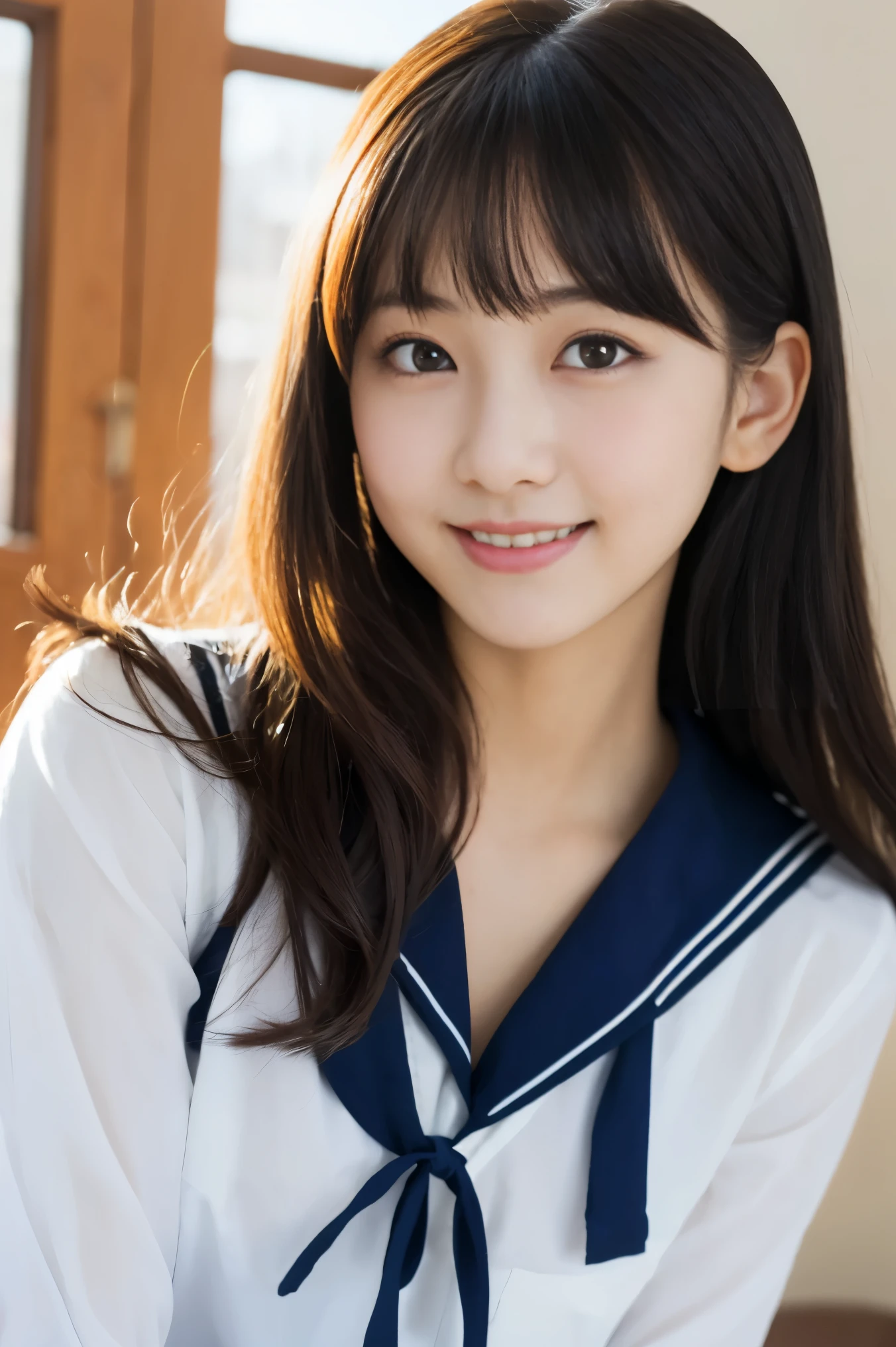 One Girl, (White shirt, Sailor , Navy blue pleated skirt:1.2), (13 years old:1.5), Young Face, Cute Face,
(RAW Photos, Highest quality), (Realistic, Photorealistic:1.4), Tabletop, Sharp focus,
Very delicate and beautiful, Very detailed, 2k wallpaper, wonderful, In detail,
Very detailed CG Unity 8K 壁紙, Very detailed, High resolution, Soft Light,
Beautiful detailed girl, Very detailed目と顔, Beautifully detailed nose, Beautiful attention to detail, Cute big eyes with double eyelids,
break
In the bright living room, Cinema Lighting,
Perfect Anatomy, Slender body, Black straight hair, Parted bangs, smile, View your viewers,