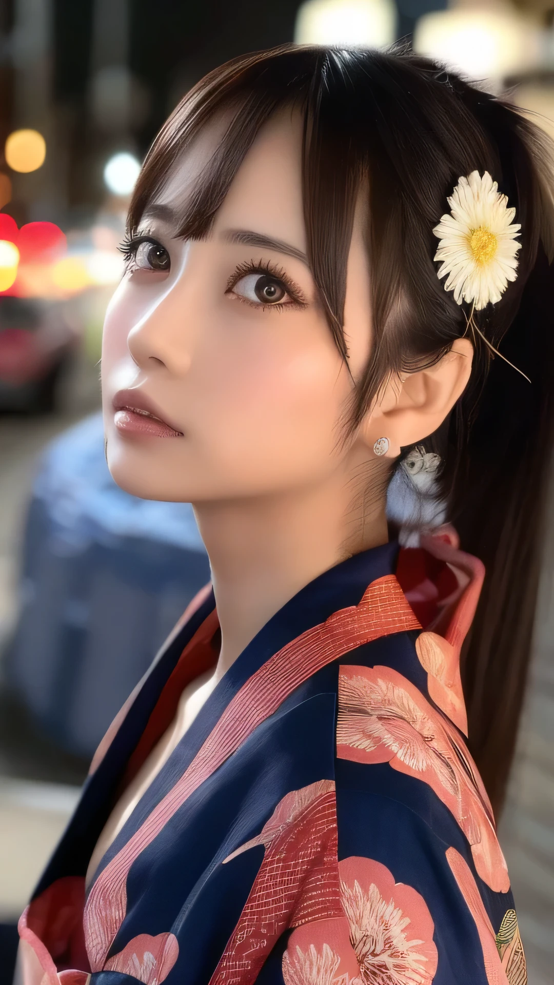 Highest quality, Finer details, (Beautiful single women))), Highly detailed eyes and face, firework, yukata, looking up at firework, ponytail, Large tear bags, double eyelid