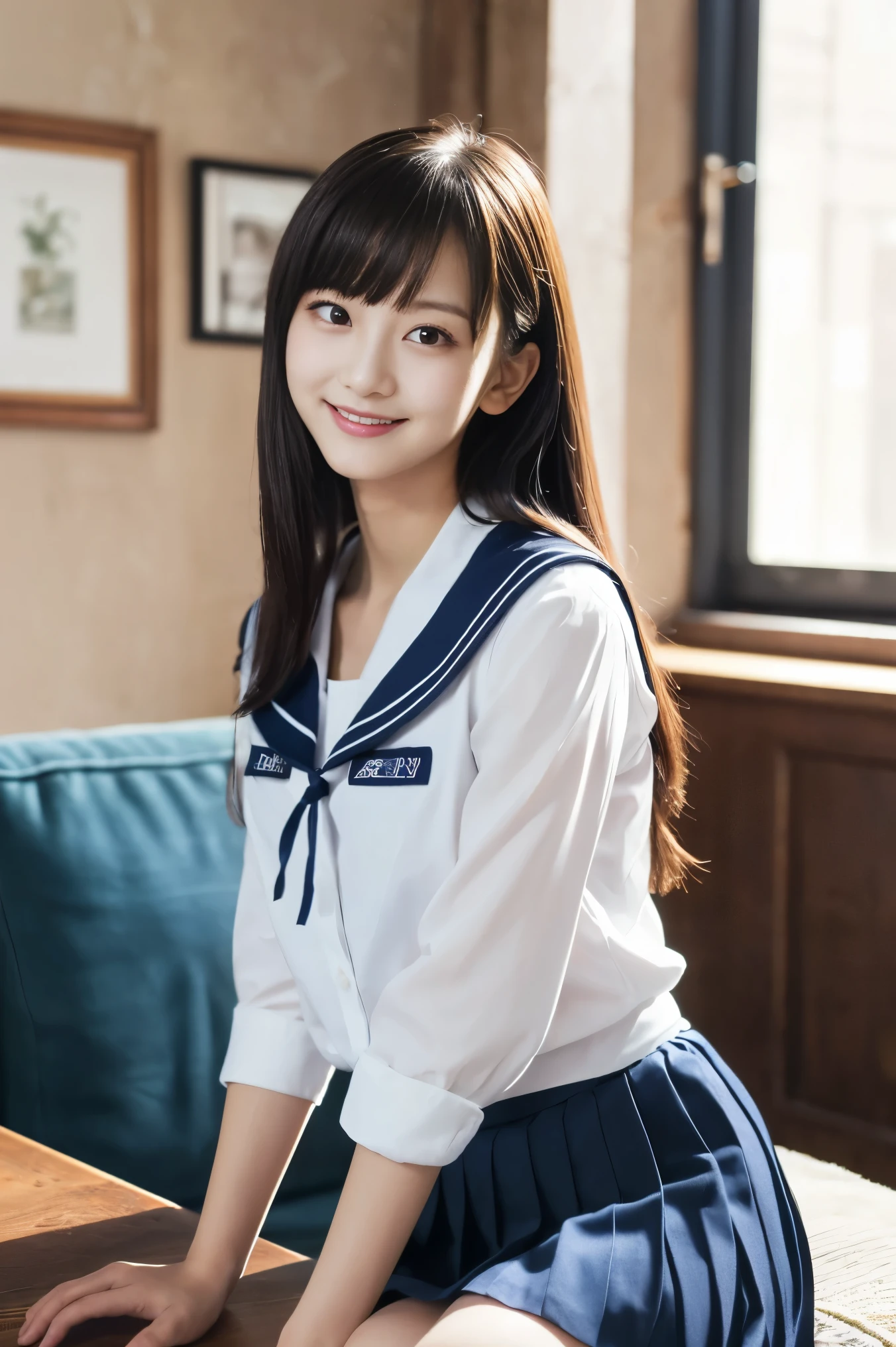 One Girl, (White shirt, Sailor , Navy blue pleated skirt:1.2), (:1.5), Young Face, Cute Face,
(RAW Photos, Highest quality), (Realistic, Photorealistic:1.4), Tabletop, Sharp focus,
Very delicate and beautiful, Very detailed, 2k wallpaper, wonderful, In detail,
Very detailed CG Unity 8K 壁紙, Very detailed, High resolution, Soft Light,
Beautiful detailed girl, Very detailed目と顔, Beautifully detailed nose, Beautiful attention to detail, Cute big eyes with double eyelids,
break
In the bright living room, Cinema Lighting,
Perfect Anatomy, Slender body, Black straight hair, Parted bangs, smile, View your viewers,