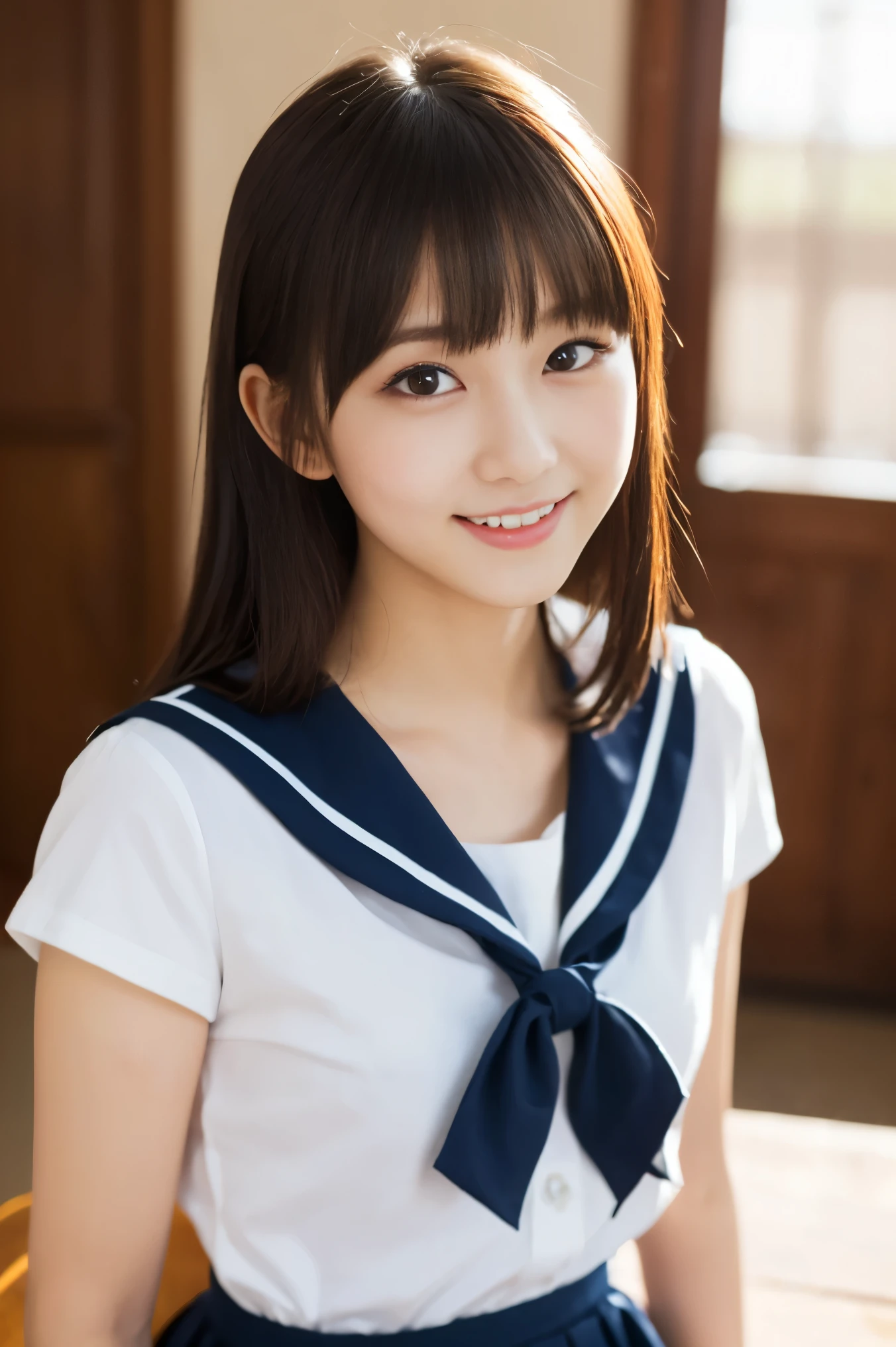 One Girl, (White shirt, Sailor , Navy blue pleated skirt:1.2), (:1.5), Young Face, Cute Face,
(RAW Photos, Highest quality), (Realistic, Photorealistic:1.4), Tabletop, Sharp focus,
Very delicate and beautiful, Very detailed, 2k wallpaper, wonderful, In detail,
Very detailed CG Unity 8K 壁紙, Very detailed, High resolution, Soft Light,
Beautiful detailed girl, Very detailed目と顔, Beautifully detailed nose, Beautiful attention to detail, Cute big eyes with double eyelids,
break
In the bright living room, Cinema Lighting,
Perfect Anatomy, Slender body, Black straight hair, Parted bangs, smile, View your viewers,