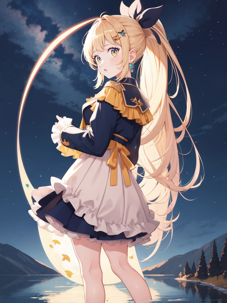 Chartier bloodfallen, Chartier costume, Ponytail, outdoor, (night, Starry Sky:1.2), masterpiece, Put your hands behind your back, best quality, 1 Girl, whole body, Shut up, lake, reflection, outdoor, Official Wallpapers