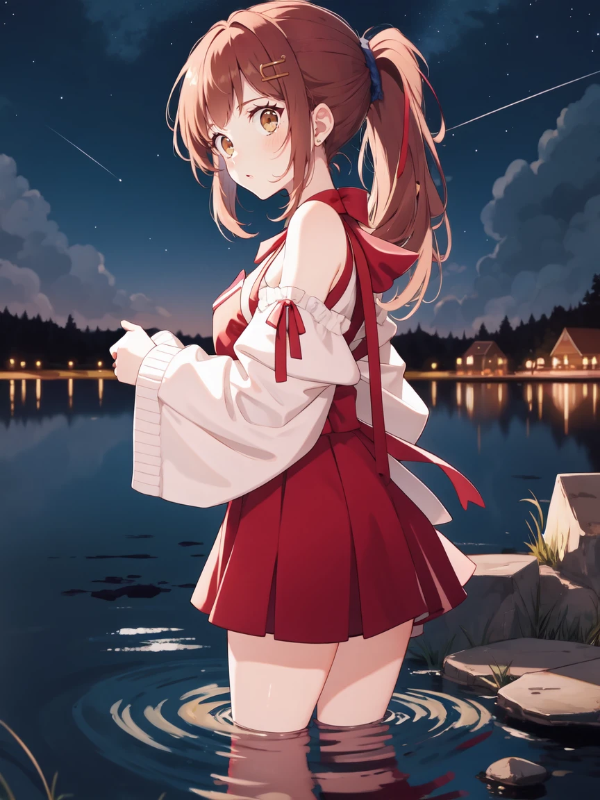 Chartier bloodfallen, Chartier costume, Ponytail, outdoor, (night, Starry Sky:1.2), masterpiece, Put your hands behind your back, best quality, 1 Girl, whole body, Shut up, lake, reflection, outdoor, Official Wallpapers