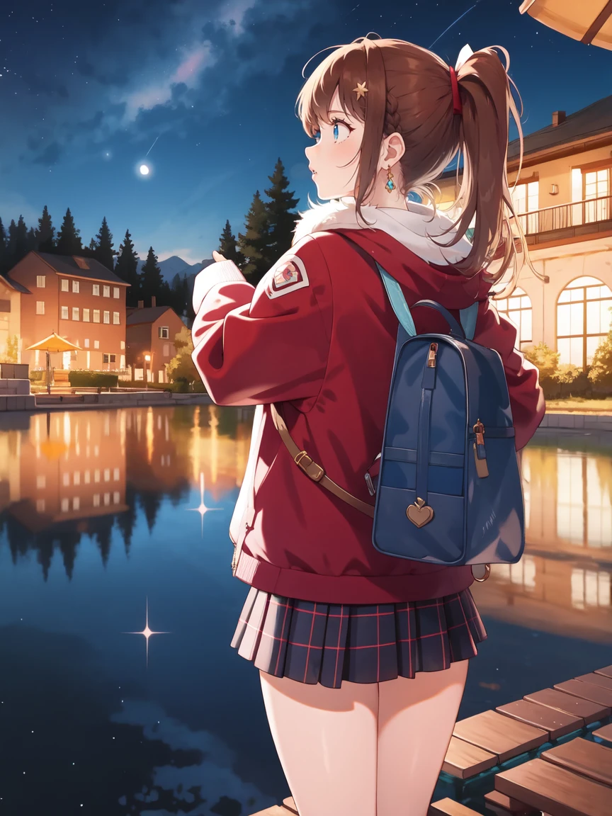 Chartier bloodfallen, Chartier costume, Ponytail, outdoor, (night, Starry Sky:1.2), masterpiece, Put your hands behind your back, best quality, 1 Girl, whole body, Shut up, lake, reflection, outdoor, Official Wallpapers