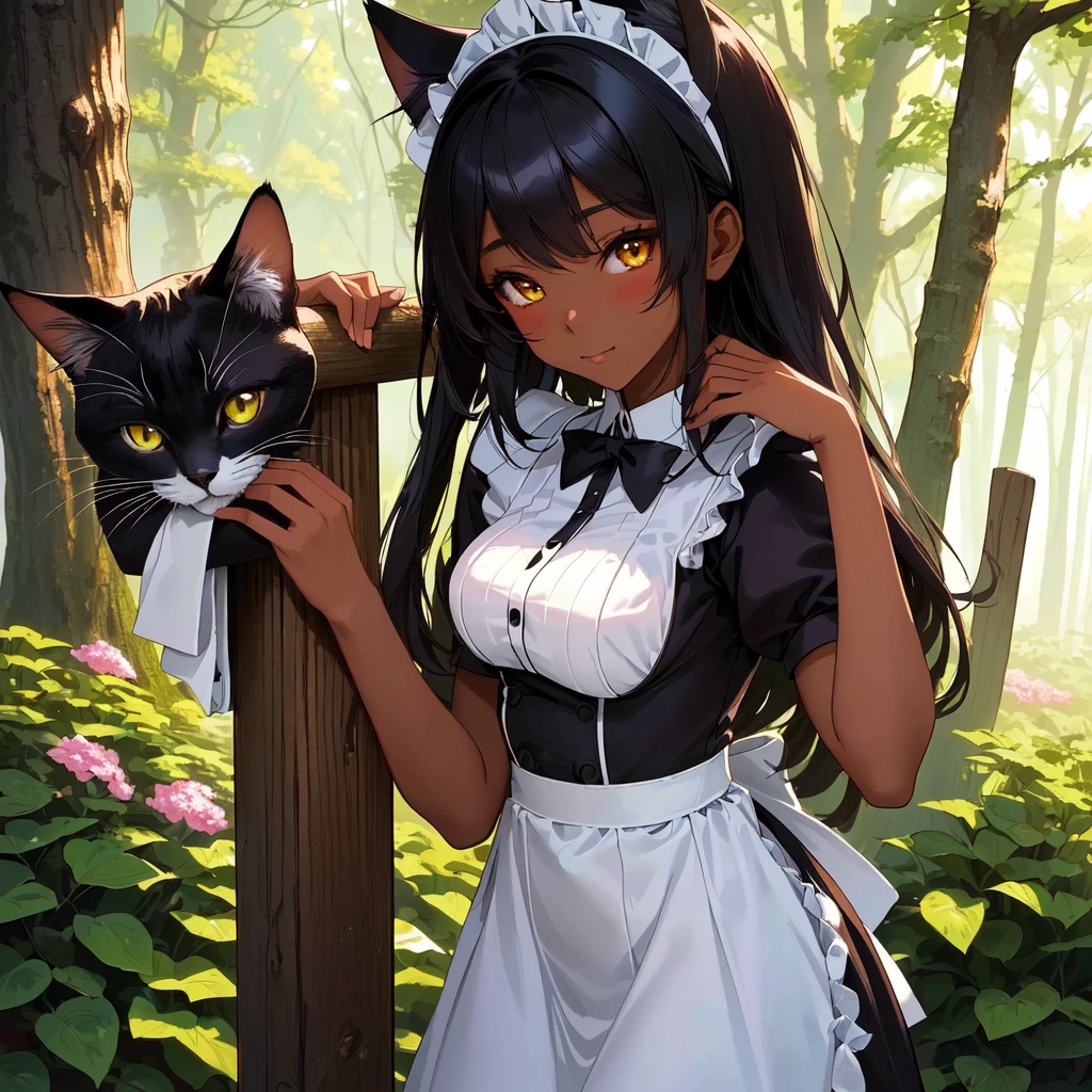 dark skin anime girl in maid outfit leaning against a wooden pole, a sexy maid in a magical forest, anime girl in a maid costume, maid outfit, a maid in a magical forest, gorgeous maid, anime cat girl in a maid costume, wearing maid uniform, in dress, artwork in the style of guweiz, made with anime painter studio
