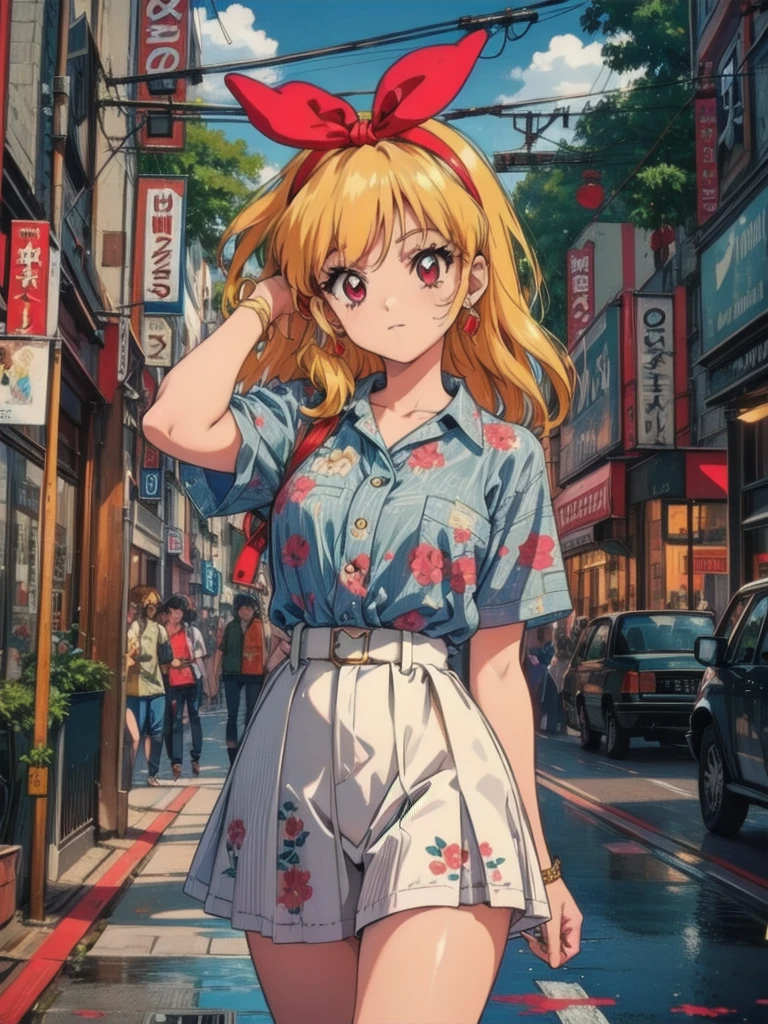 (RED Ribbon on HAIRband:1.2),(80's, retro, city pop poster:1.5), (album cover), (masterpiece, best quality), (anime, illustration), 
best photo pose, dynamic angle, cowboy shot,
girl, solo, 80 anime style, 19 year old Russian girl, blonde girl, shoulder height hair, Bangs, Smoking a cigarette, Wearing a white button-down shirt, short sleeves , and a red skirt, Warzone, Green eyes, large breasts, wide hips, perfect detail eyes, delicate face, RED eyes, blonde hair, hoshimiya ichigo