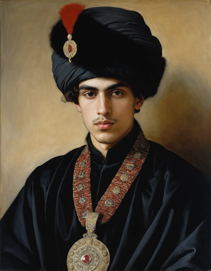 {{Masterpiece, best quality, full oil painting, by Léon Bakst, muted colors}}, the composition is: ((((a very young male nobleman, sullen, facing viewer. He is wearing a fur hat. He is wearing a black Mughal caftan with Praetorian inspired elements, sashes, Hellenistic inspired medals, a red diamond symbol pendant))))
