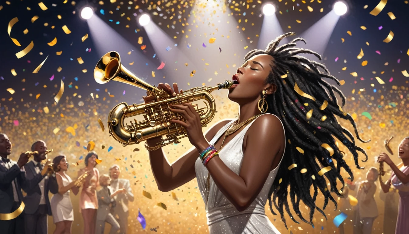 Only one female, (Playing the saxophone), (Dynamic pose), (Stylish clothing), Mature Woman, (Dark Skin), /(Black Hair/) Dreadlocks Bangs, (Close your eyes for a moment), (Saxophone in mouth) (Mouth closed:1.1), (Masterpiece Top quality:1.2) Delicate illustrations, super detailed, Big Break (Silver and gold confetti:1.2) Dance Down Break (Music Stage) indoor, Colorful confetti, Spotlight, audience, Detailed Background