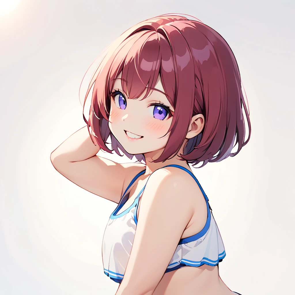 One Girl、最high quality、high quality、masterpiece((masterpiece, 最high quality:1.2), bazett, One girl, alone, short hair,  Tank top, Bikini Bottoms, Dynamic pose、View your viewers,smile,White background only,whole body,From the side,Look to the side(Little),(Littleキャラ)
