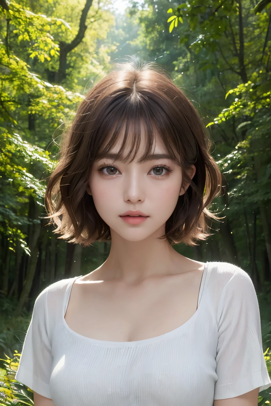 Ultra-high resolution、(masterpiece:1.3), (8k, Best image quality: 1.4)、 (Real:1.4)、One beautiful woman、Beautifully detailed eyes and skin、Micro Smile、Light brown short hair、Hair swaying in the wind、Small Bust、Smart Space Shirt、In the woods、forest、Soft sunlight through the trees、