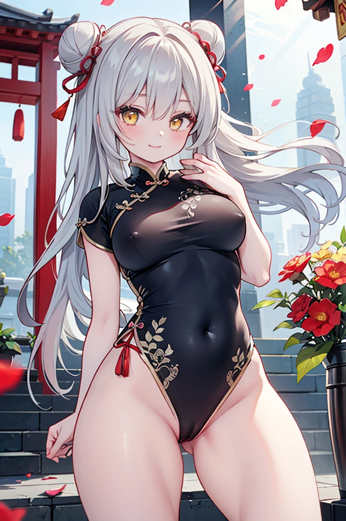 realistic image, coherent image, detailed image, 1 beautiful girl. She has silver hair, long hair. Yellow eyes, long eyelashes. Her face is oval and delicate. Smiling. She wears a red Cheongsam, side slits. She has a curvy body, medium breasts and thick thighs. Chinese temple, flower petals falling around. ambient light, volumetric light,Bun cunt,Pussy crack,Fan fan,一只手Fan fan