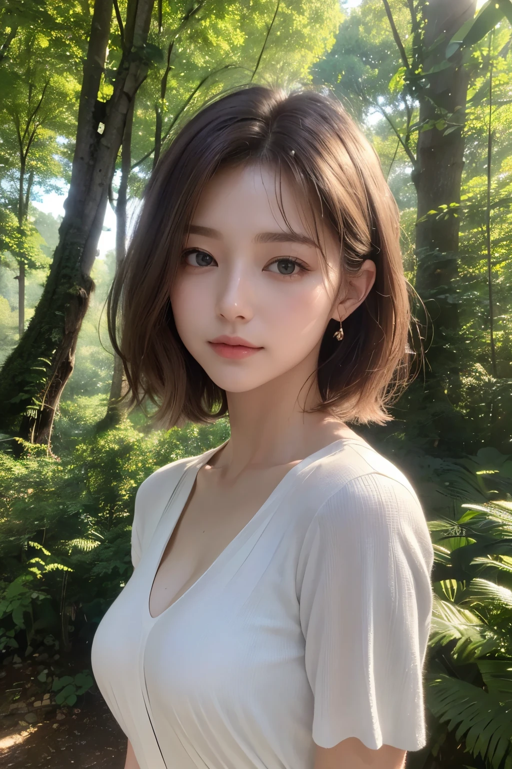 Ultra-high resolution、(masterpiece:1.3), (8k, Best image quality: 1.4)、 (Real:1.4)、One beautiful woman、Beautifully detailed eyes and skin、Micro Smile、Light brown short hair、Hair swaying in the wind、Small Bust、Space Smart Shirt、In the woods、forest、Soft sunlight through the trees、