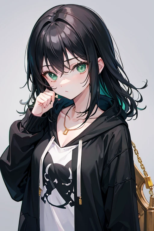 Women、Light black hair、Unshaven、cute、piece、Green Eyes、Black hoodie、Gold Necklace、Young Girl