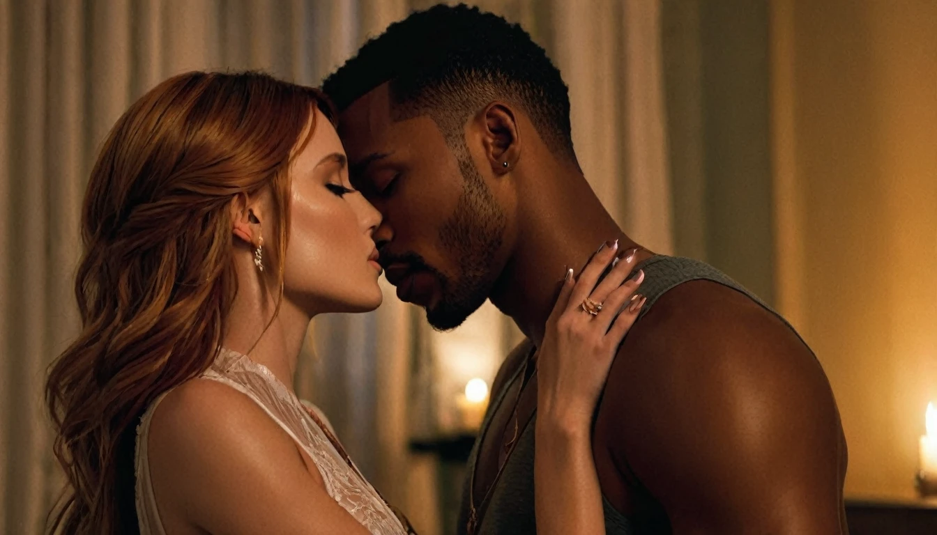 Bella Thorne and a handsome African American male whose facial features are a combo of Charles Michael Davis + Jesse T. Usher share a steamy kiss inside a bedroom lit only by candlelight. Bella has lovely makeup on her face. Nighttime. Romantic ambiance. Symmetrical eyes. Symmetrical faces. Lovely details. Photorealistic. Full-colored photo. Professional photo. Highly detailed 8K.