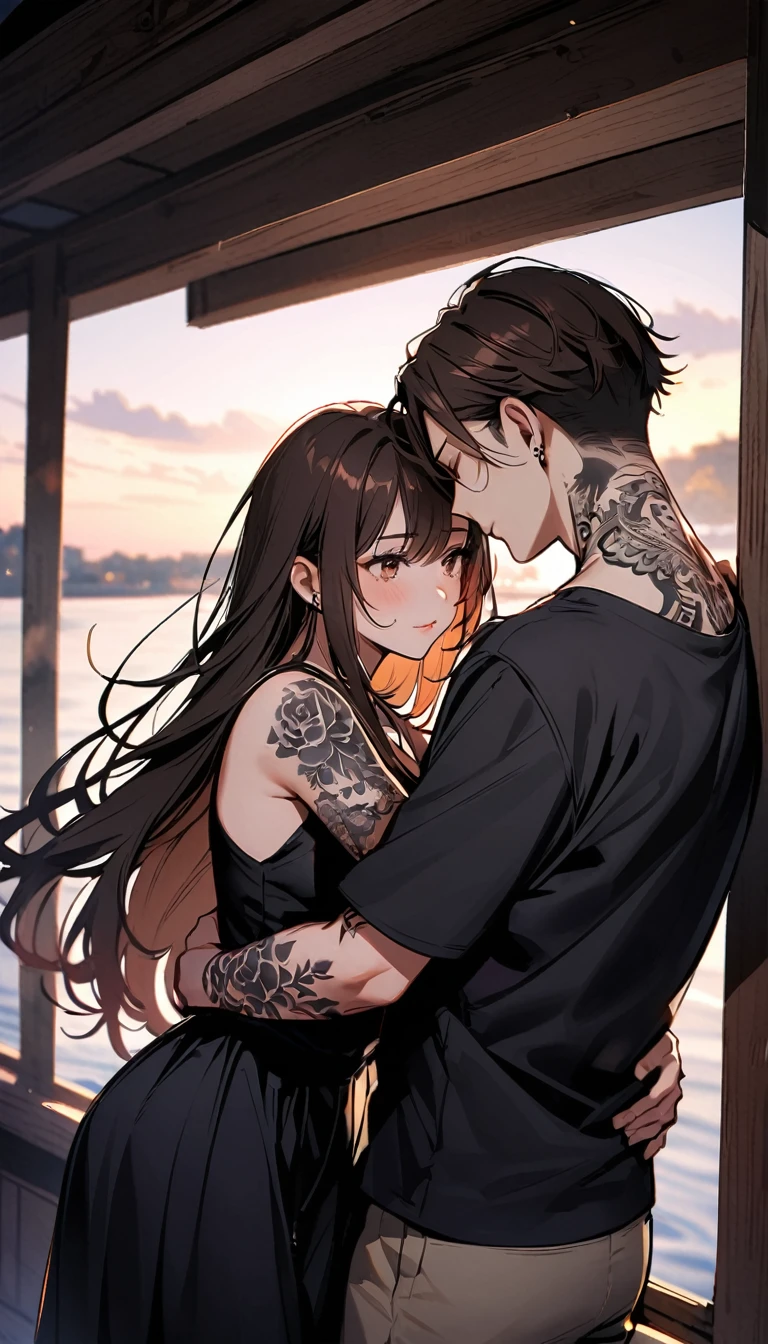 couple hug, girl with short hair, girl short dark brown hair and tattoos, boy with long hair and no tattoos, dark brown hair, boy with long hair, black clothes, tattooed girl, boy with no tattoos