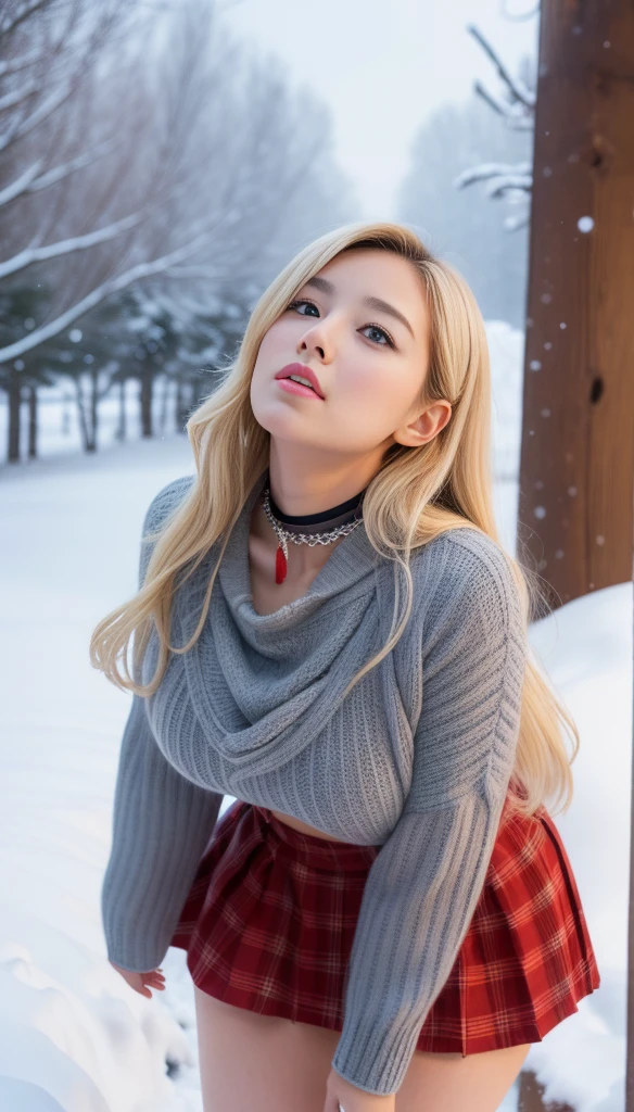 ((top-quality、8K、​masterpiece:1.3))、Korean、girl with、medium 、with beautiful face、bbw、A sexy、red blush、Whip whip、thighs thighs thighs thighs、cute little、sexy winter outfit with mini plaid skirt, delicate hands, realistic eyes, wearing choker, blonde hair, shivering, facing behind, back facing camera, Bend over, looking up to the camera, Feeling cold, Snowing, Heavy blizzard