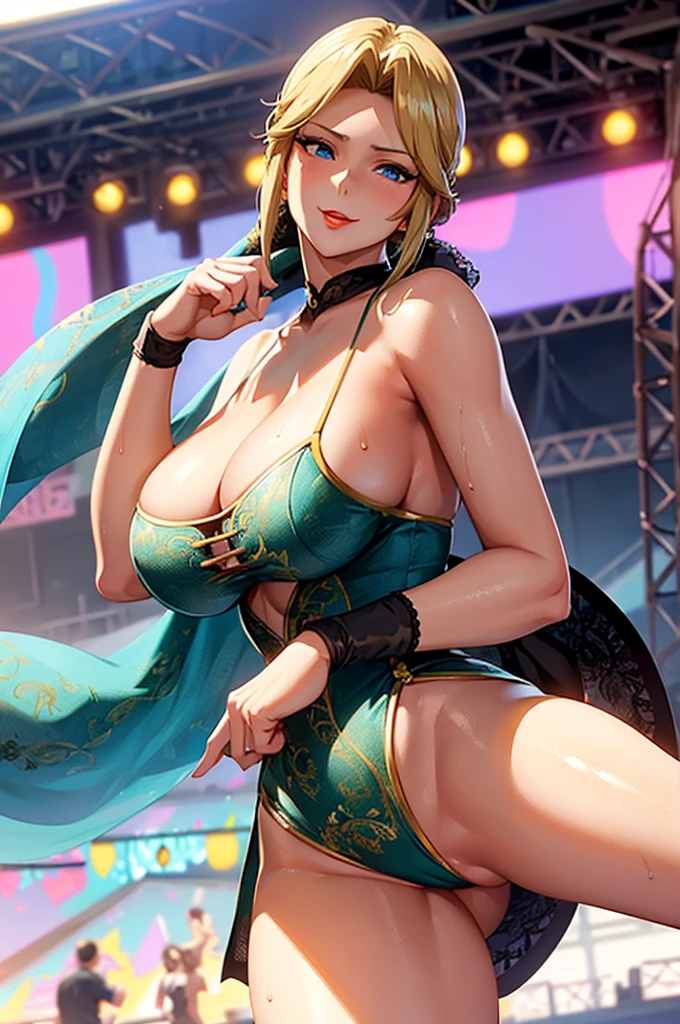 Masterpiece((woman,Huge breasts:1.4, very red lips,Big Ass,Narrow waist,Long legs,Greenish blue eyes ))
Musician:1.3. Sweat Splashing:1.4
(Naughty expression)
(Stick out your tongue a little)
(Gal)
(Staring at me)
(Anime Style,A sloppy smile,What we are looking for,Face mischievous face,The facial expression is accurate:1.3)
Wearing sexy clothes:1.5
(Music Festival)