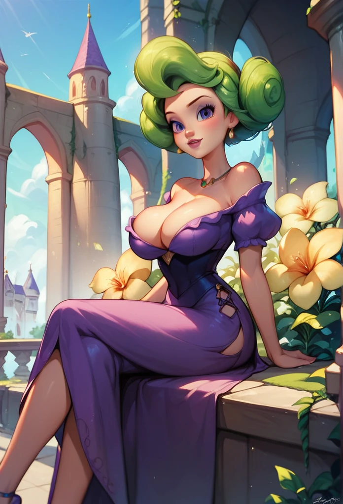 Esmeralda ( Disney ), big breasts, deep cleavage, purple dress slit on one side showing her thighs, sitting on a bench in a cathedral, using a purple ribbon to tie up her long flowey hair