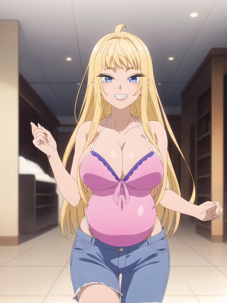 topless,show off nipples,((best quality)),((highly detailed)),masterpiece,absurdres,detailed face,beautiful face,(detailed eyes, deep eyes),(1girl),((dynamic pose)),  minami,  blonde hair long hair, solo, cleavage, looking at viewer, ahoge, huge breasts, smile, bare shoulders, collarbone, bikini, grin, bangs, jewelry ,blue eyes, eyelashes, very long hair,walking, (eyes looking away from the viewer:1.3, looking away from viewer:1.3), ripped jeans, cowboy shot, pregnant belly, big belly