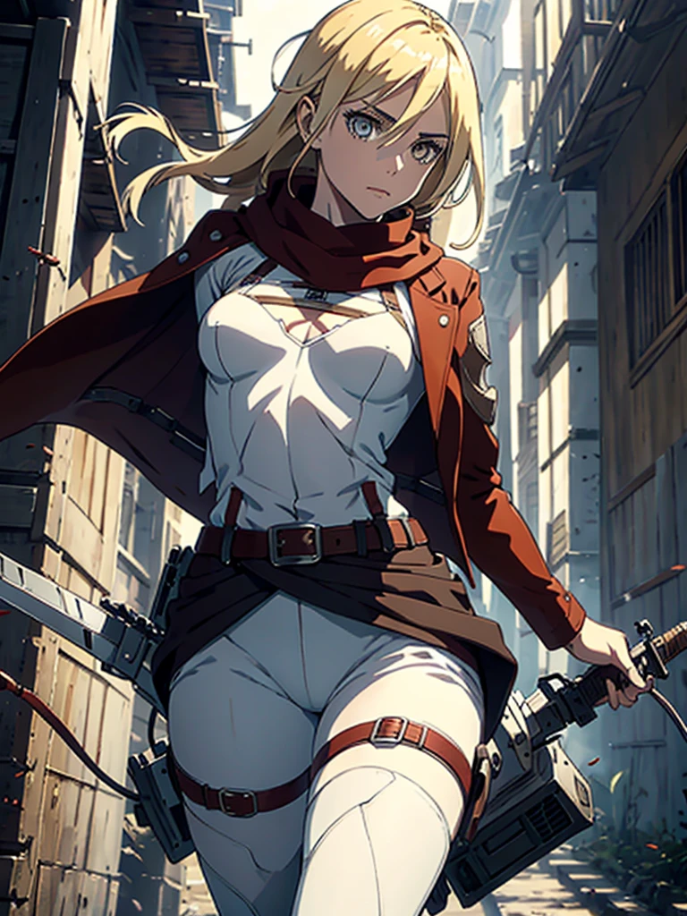 Historia, small breasts, , belt, thigh strap, red scarf, white pants, brown jacket, holding weapon, sword, dual wielding, three-dimensional maneuver gear, damaged cloths, blood in face , beautiful glass field, in the battle field, stunning innocent symmetry face, the perfect body, Average Breasts, Slim waist, Slim legs, (high skin detail:1.4), Yellow eyes,