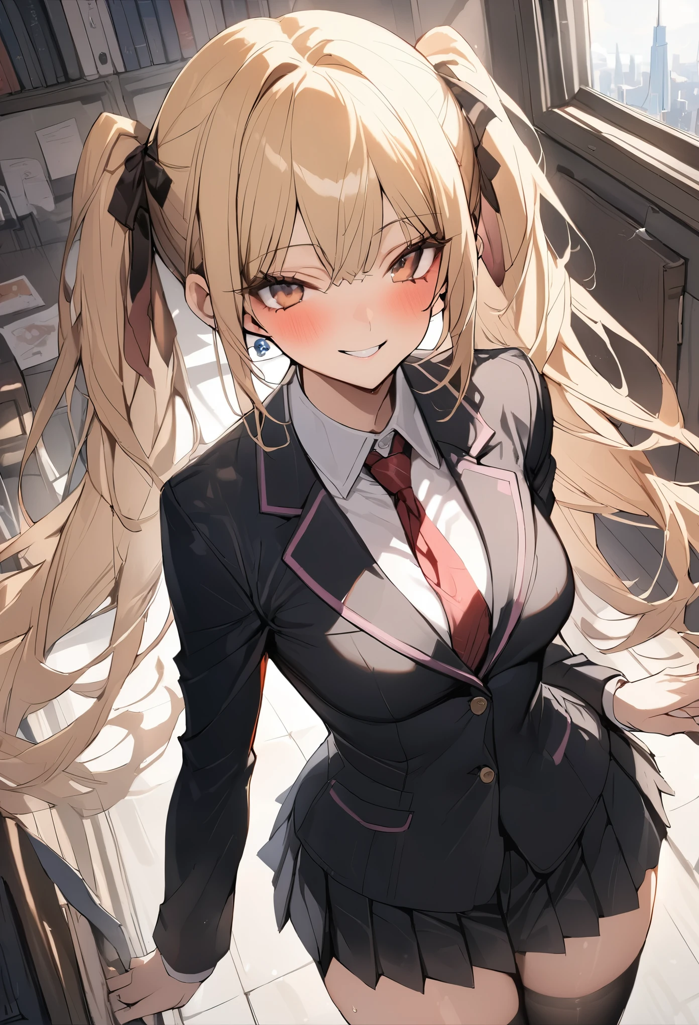 ((masterpiece,best quality anime,Highest quality:1.3)),cowboy shot,Mature Beauty,独奏,1woman,((very small head:1.3)),((ideal ratio body proportions:1.2)),blonde hair,high twin tails,straight long hair,bangs,gorgeous eyes,brown eyes,smile,(Academy制服、Black blazer jacket、Red tie、Black pleated mini skirt),black_thighhighs,((slender body,skinny)),medium breasts,gleaming skin,shiny skin,classroom、Academy、Modern Tokyo、