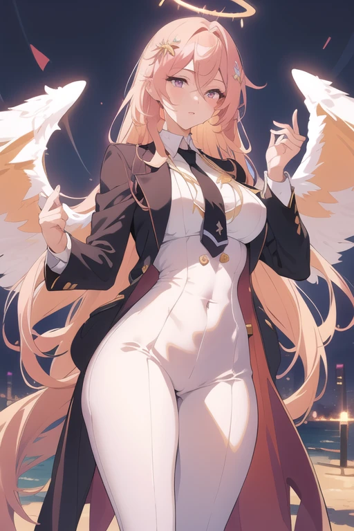 beautiful young woman, lithe physique, long messy peach colored hair, magenta eyes, halo, crown, white shirt, black tie, black jacket, black pants, suit and tie, small breasts, large ass, thighs, highly detailed, 8k, photorealistic, dramatic lighting, cinematic, elegant, fashion portrait, angel, angelic, wings,