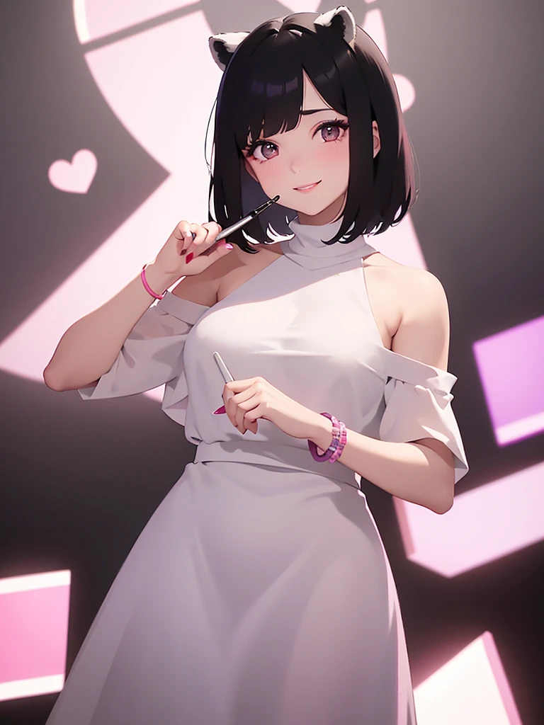 A woman with short shoulder-length hair, black hair, white skin, pink-peach makeup. Cute face, sweet smile, left hand holding a pen. Right hand holds up two fingers and smiles, wears a white wool turtleneck, left hand wears a purple bracelet, There's a raccoon on my shoulder.