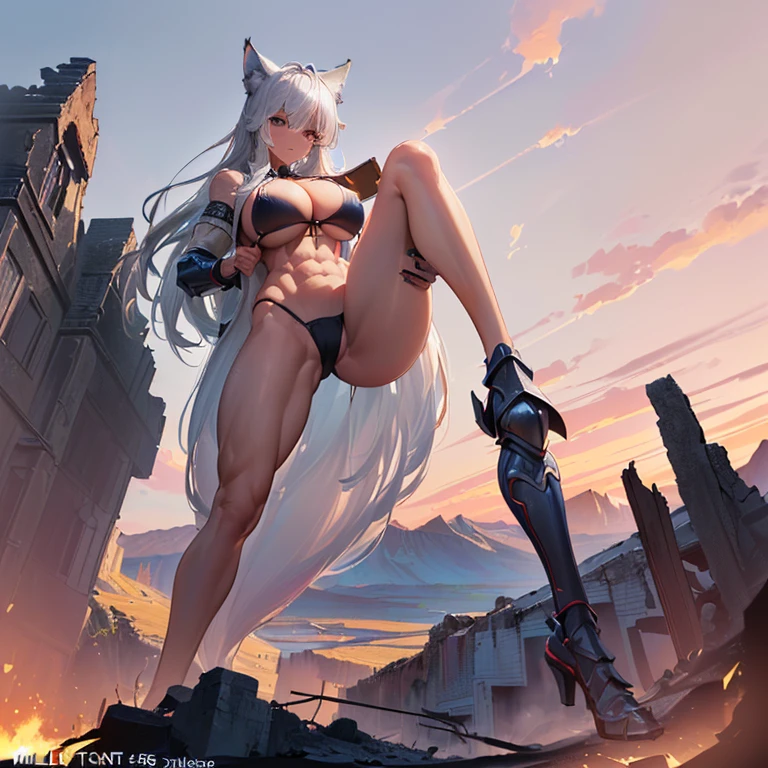 (8k, Realistic, RAW Photos, Highest quality, (from below:2),looking at the camera: 1.3), (Fox Girl, Fox Ears, Silver Hair, One Girl, Long Hair, (Alone on the screen, dark skin), High definition:1.6), (bikini armor:2), (Body measurements are 99-55-77!, Height: 145cm, Nice body, Big Breasts, slender, muscle, (Stand with your legs apart, I can see the valley):1.9),(美しいface, Delicate drawing, It is written down in detail), Avatar, face, 色っぽいface, Dominant representation, naughty face, Uplifting, Skin Texture, outside, ruins, Ruined City, Broken Building, There are no people